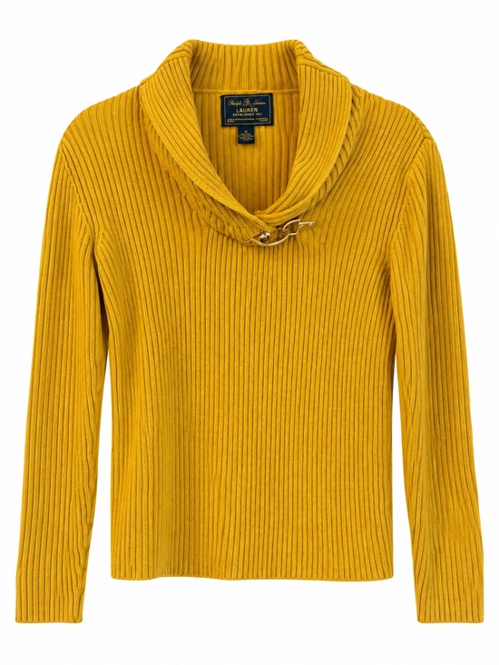Ralph Lauren Tops - Ralph Lauren Mustard Ribbed Shawl-Collar Sweater with Buckle Accent